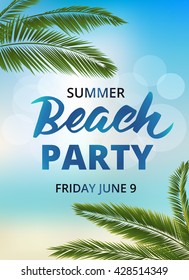 Beach party poster template with typographic elements. Summer background with palm leaves and lettering. EPS10 vector illustration. 