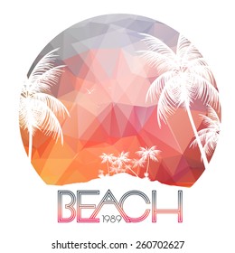 Beach Party Poster with Tropical Island and Palm Trees - Vector Illustration