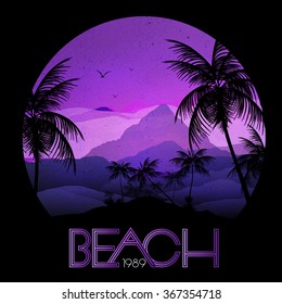 Beach Party Poster with Tropical Island and Palm Trees - Vector Illustration