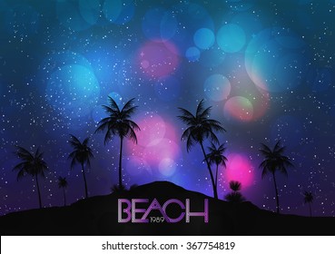 Beach Party Poster with Tropical Island and Palm Trees - Vector Illustration