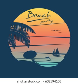 Beach party poster with tropical island and palm trees on sunset background. graphic design vector illustration.