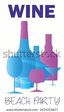 Beach party poster, vector design of wine bottle, brandy, glasses. Banner for restaurant, bar, summer holiday with drinks, red wine, cocktail