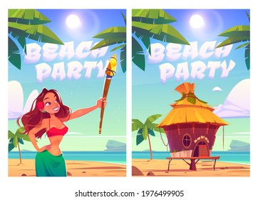 Beach party posters with woman and bungalow on background of sea. Vector flyers of summer party on ocean shore with cartoon illustration of girl with stick, resort wooden house and palm trees