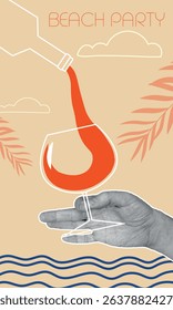 Beach party, restaurant poster, wine list, hand with glass of red wine. Tropical vacation, holiday, festival, sommelier, wine tasting, cabernet, merlot