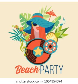 Beach party. Retro disco. Vector illustration in retro style. Beautiful girl with sunglasses and a hat . Tropical leaves, pineapple, tape reel and vinyl record.