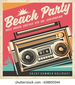 Beach party retro poster design template with cassette recorder on colorful background. Summer vector illustration.