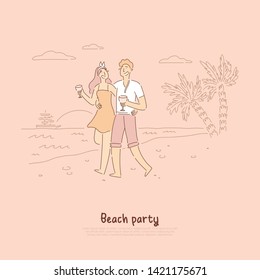 Beach party romance, romantic couple on date, lovers enjoy summertime vacation, oceanic sunset, drinking cocktails by seaside banner