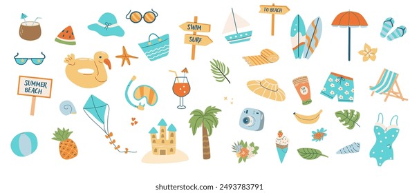 Beach party scrapbooking elements collection. Summer stickers, doodle icons pack. Set cute summer beach elements - surf, sunglasses, cocktails, camera and other sea vacation accessories.