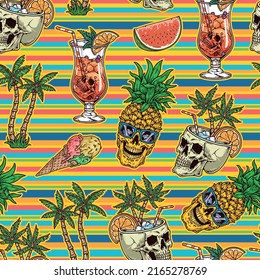 Beach party seamless pattern vintage colorful with tropical resort elements cocktails in skulls palms and pineapples vector illustration