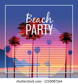 Beach party at seashore, sea landscape with palms, minimalistic illustration. Seascape sunrise or sunset. Vector background, isolated