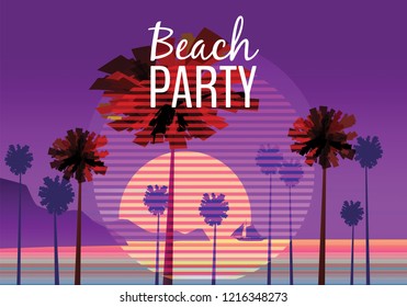 Beach party at seashore, sea landscape with palms, minimalistic illustration. Seascape sunrise or sunset. Vector background, isolated