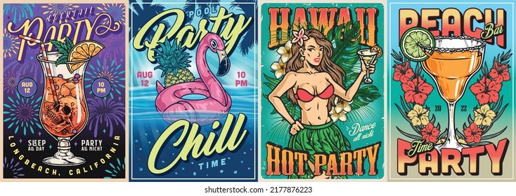 Beach Party setzt bunte Vintage Flyer für Touristen mit alkoholischen Cocktails von Bar und Mädchen in Hawaiian Bikini Vektorgrafik