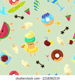 Beach party with set of cute food characters in seamless pattern. Vector illustrations of happy desserts. Cartoon surfing and diving donuts, swimming ice cream isolated on green. Vacation concept