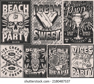 Beach party set flyers vintage monochrome ice cream and skeletons inviting to summer Mexican night hangout or rave vector illustration