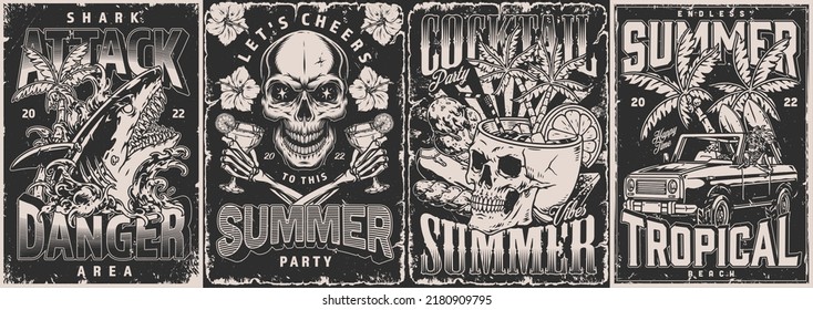 Beach party set monochrome vintage flyers with surfer going to sea and skull with cocktails for summer rave vector illustration