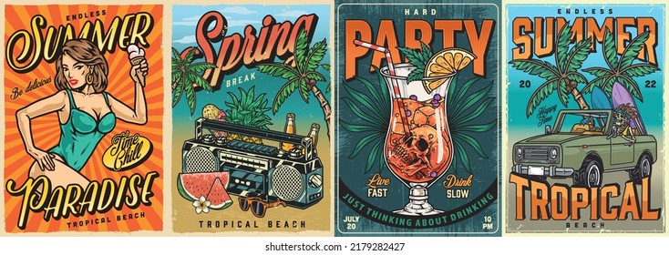 Beach party set vintage flyers colorful with symbols hot summer holiday on exotic islands with music and booze vector illustration