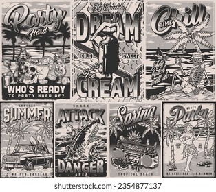 Beach party set vintage monochrome flyers with drinks in coastal bar for surfers and tourists sunbathing on holidays vector illustration