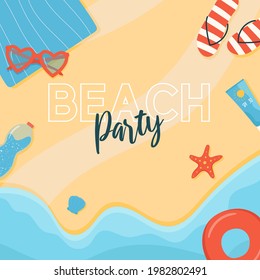 Beach party social media post or poster with beach from the top view, sunglasses, water, starfish, shell and sunscreen.