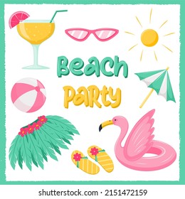 Beach party. Square postcard with beach things, inflatable flamingo circle, cocktail, umbrella, ball and bag. A template for media with summer elements. Vector illustration in a flat cartoon style.