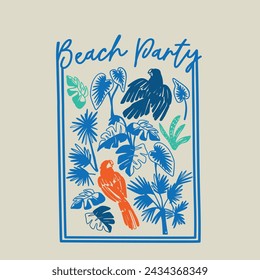 Beach Party summer print.Parrot drawing with palm tree.Fun t-shirt design for summer.