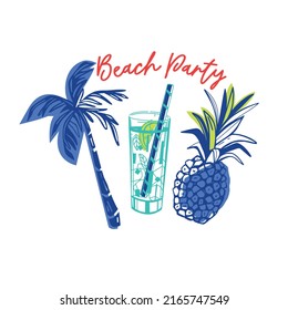 Beach Party summer t-shirt design.Palm tree,cocktail,pineapple vector print. Design for fashion fabrics, textile graphics, print.