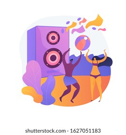 Beach party. Summer vacation activities. Young people playing volleyball on sandy coast and listening to music. Sport, tropical, summertime. Ball game. Vector isolated concept metaphor illustration