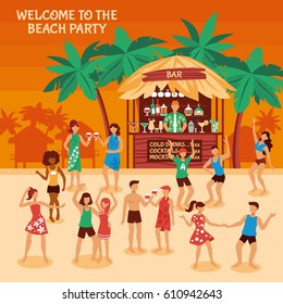 Beach party at sunset with bar and beverages cheerful people dancing on sand flat style vector illustration