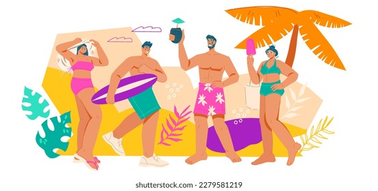 Beach party or swimming pool dance party, flat cartoon vector illustration isolated on a white background. People in swimwear dance and have fun.