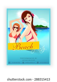 Beach Party template, banner or flyer design with illustration of young modern girls in sea.