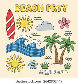 Beach party tropical colorful poster .Festival vector Illustration placard. beautiful sunset scene on the beach,
