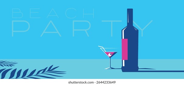 Beach party, tropics cocktail, bottle of alcohol and glass. Bar poster outside, palm trees, flat style, booze, festival