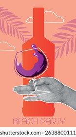 Beach party tropics, glass of wine in hand, bottle of alcohol flat style. Restaurant poster design, beach wine bar, palm trees, relaxation, drinks, chardonnay, cabernet