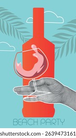 Beach party, tropics, hand holding glass with rose wine, palm leaves. Flat illustration bottle of alcohol, drink, martini, cabernet, white wine