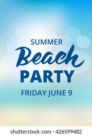 Beach party typography with hand drawn brush lettering. Summer background, beach party poster template. EPS10 vector illustration. 