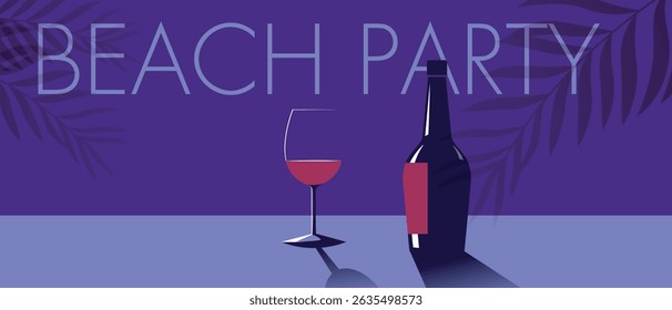 Beach party, vacation, palm trees, wine bottle, glass. Beach bar poster vector design, kitchen print, red wine, merlot, chardonnay, sauvignon