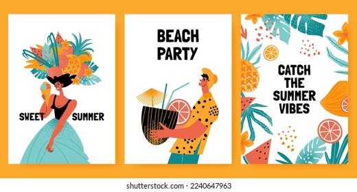 Beach party vector card or flyer template set. Catch the summer vibe concept with funny characters and tropical fruits. Flat style illustrationFlat style illustration