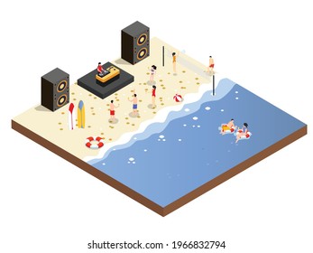 Beach party vector concept. Crowd young people dance together and enjoying music from DJ while vacating in the tropical beach