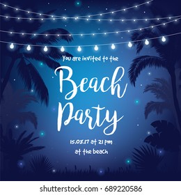 Beach Party vector illustration with beautiful night starry sky, palms, leaves and hanging party lights