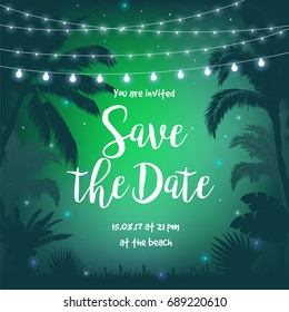 Beach Party vector illustration with beautiful night starry sky, palms, leaves and hanging party lights