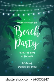 Beach Party vector illustration with beautiful night starry sky, palms, leaves and hanging party lights