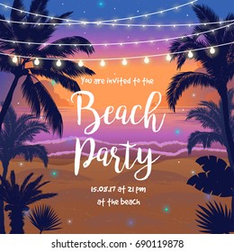 Beach Party vector illustration with beautiful sunset scene on the beach, palms, leaves and hanging party lights