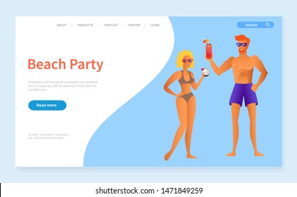 Beach party vector, people on vacation relaxing man and woman wearing swimming suits. Couple with beverages cocktails tropical drinks glasses. Website or webpage template, landing page flat style