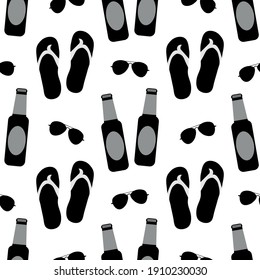 Beach party vector seamless pattern background. Black and white backdrop with men flip flops, aviator sun glasses and beer bottles. Monochrome cool hipster repeat. Masculine all over print for leisure