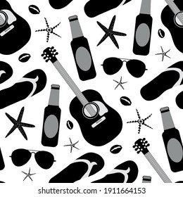 Beach party vector seamless pattern background. Backdrop with acoustic guitars, beer bottles, flip flops, starfish, sun glasses, shells. Fun seaside hipster repeat.Masculine all over print for summer