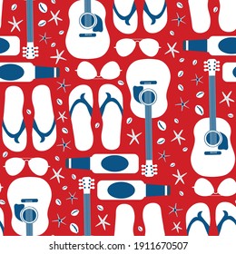 Beach party vector seamless pattern background. Backdrop with acoustic guitars, beer bottles, flip flops, starfish, sun glasses, shells. Seaside hipster repeat.Red white blue all over print for summer