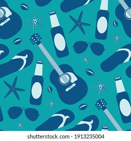 Beach party vector seamless pattern background. Backdrop with acoustic guitars, beer bottles, flip flops, starfish, sun glasses, shells. Fun seaside repeat. Monochrome blue all over print for summer