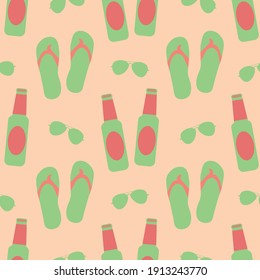 Beach party vector seamless pattern background. Tropical color backdrop with men flip flops, aviator sun glasses and beer bottles. Monochrome cool hipster repeat. Masculine all over print for leisure