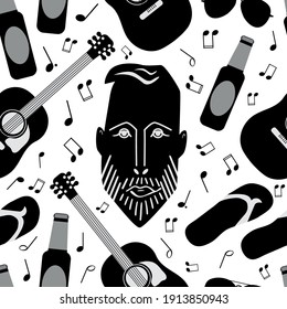 Beach party vector seamless pattern background. Monochrome backdrop with bearded man head, guitar, flip flops, aviator sun glasses, beer bottles, music notes. Hipster repeat for festival concept