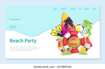 Beach party vector, summer vacation by coast, surfing board with palms and lifebuoy, coconut and sunglasses, surfboard hobby. Swimsuit cocktail. Website or webpage template, landing page flat style