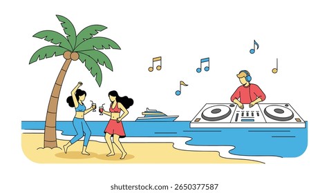Beach Party Vibes Lively Music Fun Dancing Under Palm Tree